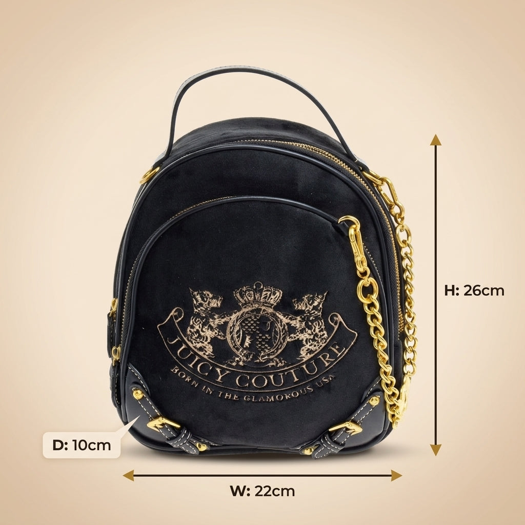 Juicy Couture Black Velour Backpack, Gold Chain Detail, Everyday School Bag