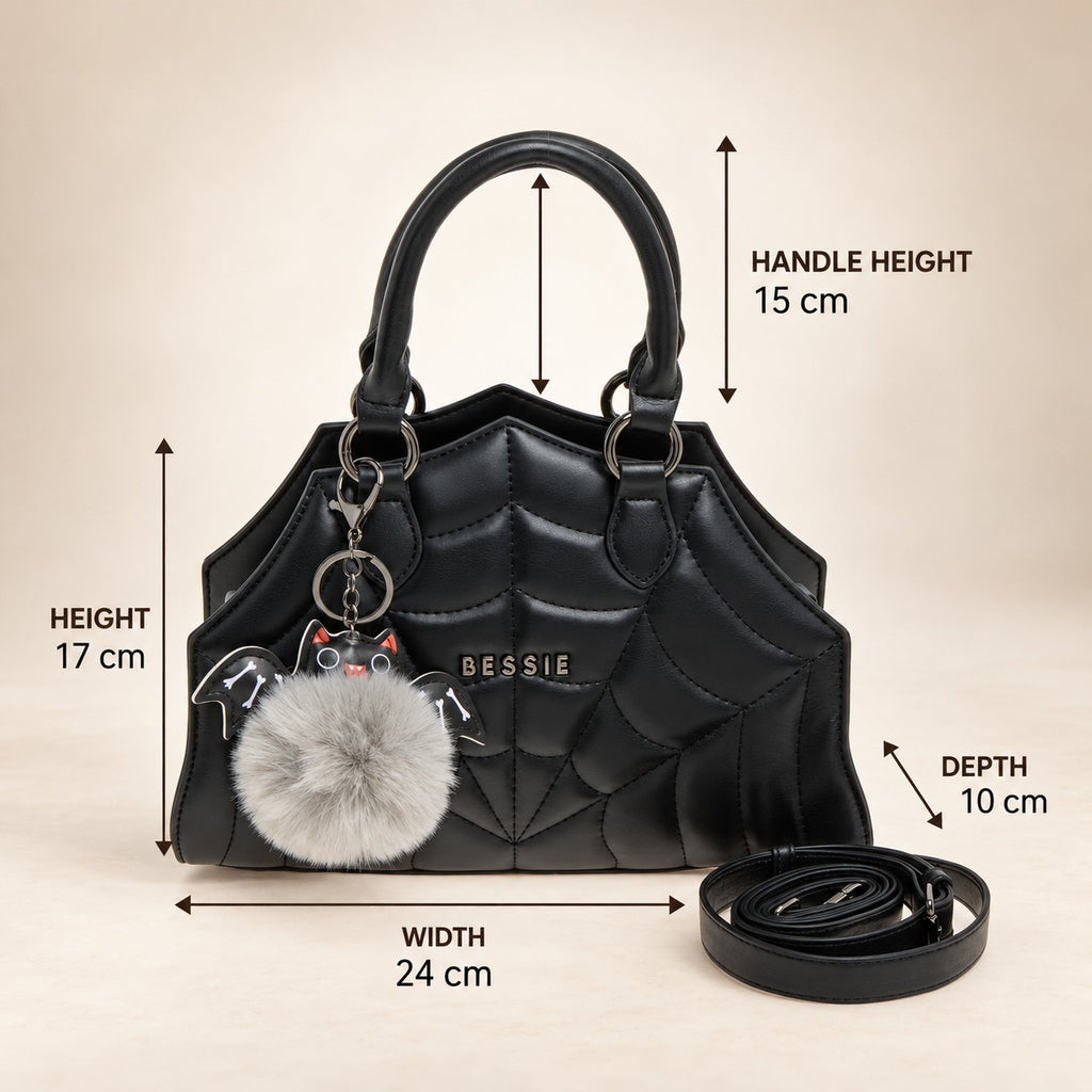 Bessie London Black Spiderweb Tote Bag, Goth Satchel, Bat Charm, Gift For Her