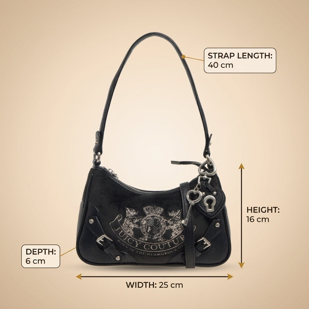 Juicy Couture Black Hobo Bag, Velour Crest Logo, Shoulder Bag, Y2K Aesthetic