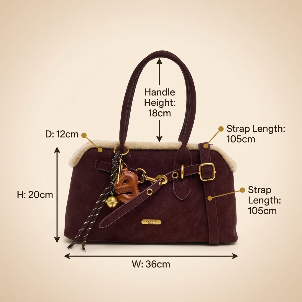 Bessie London Burgundy Shoulder Bag, Faux Suede Grab Bag, Shearling Trim