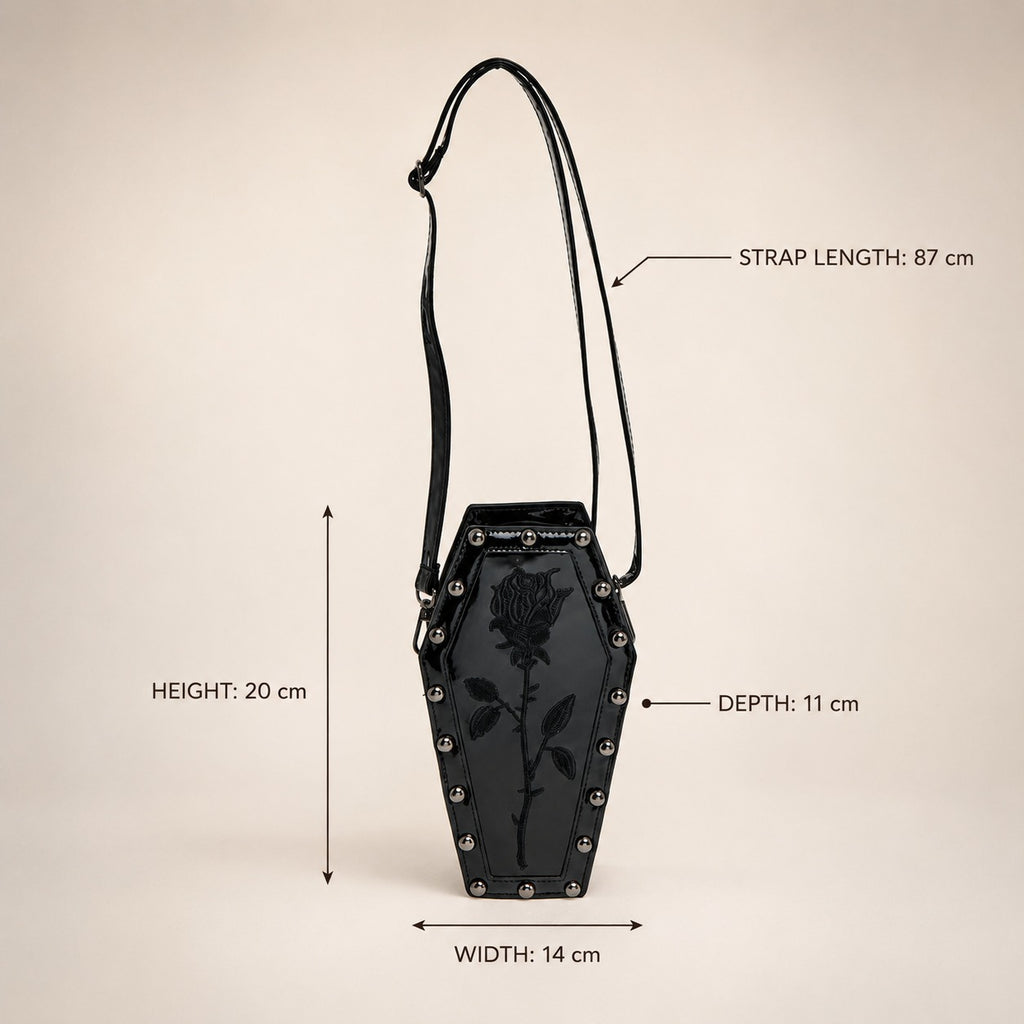 Skinnydip Black Coffin Crossbody Bag, Goth Rose Embroidered, Spooky Aesthetic