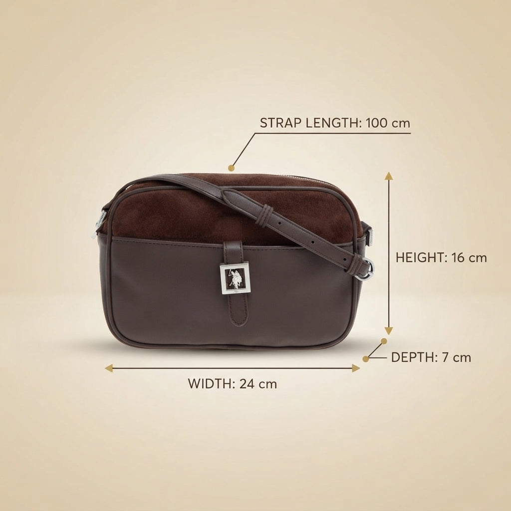 US Polo Assn Brown Crossbody Bag, Suede Leather, Everyday Shoulder Handbag