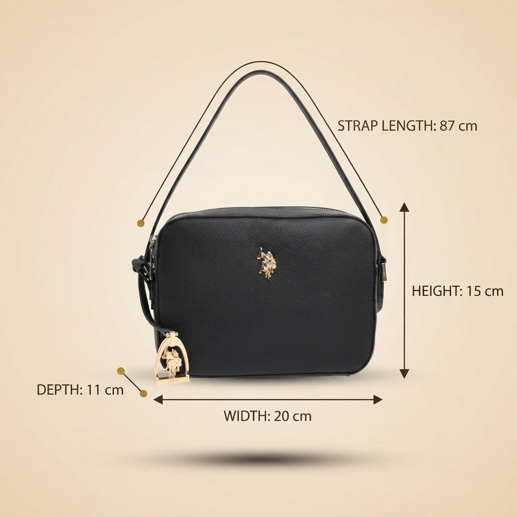 US Polo Assn Black Crossbody Bag, Pebbled Leather Look, Gold Emblem, Everyday