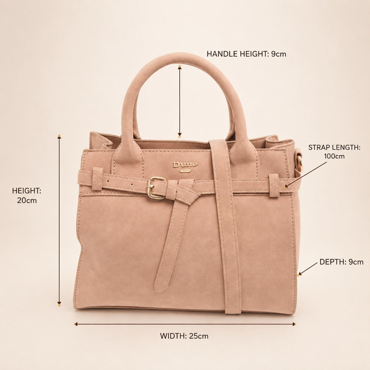 Dune London Peach Suede Satchel Bag, Gold Buckle, Everyday Handbag, Gift for Her