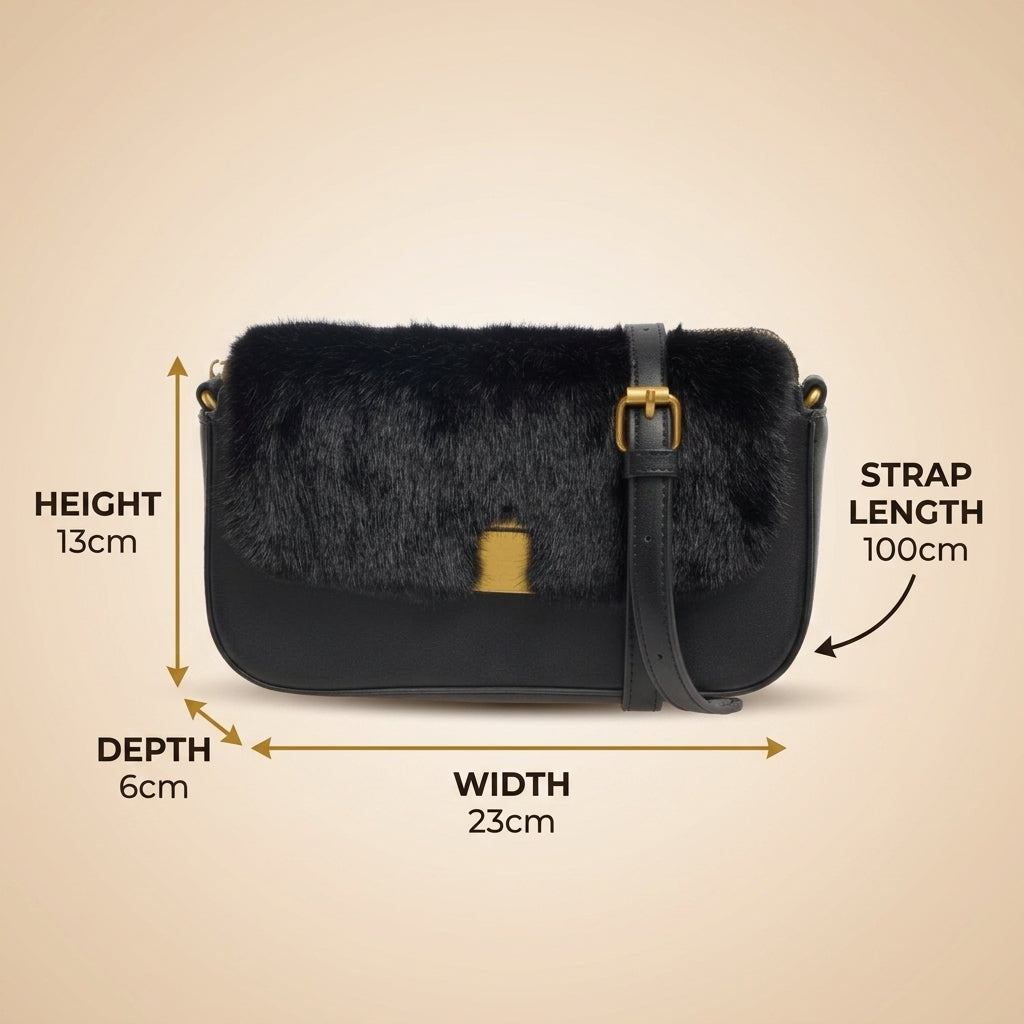 Bessie London Black Faux Fur Crossbody Bag, Flap Bag, Gold Hardware, Chic