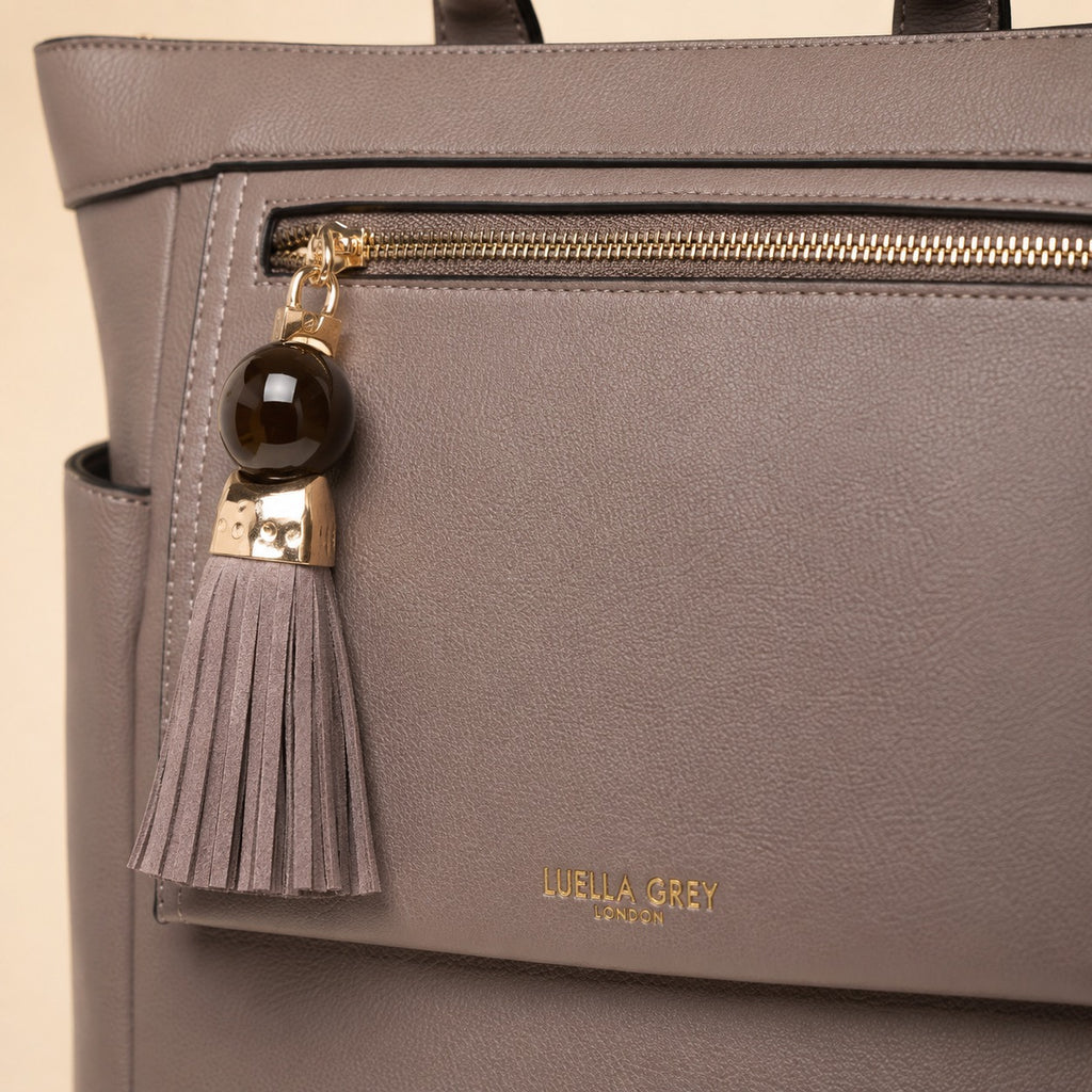 Luella Grey Taupe Laptop Backpack, 15in Work Bag, Tassel Charm