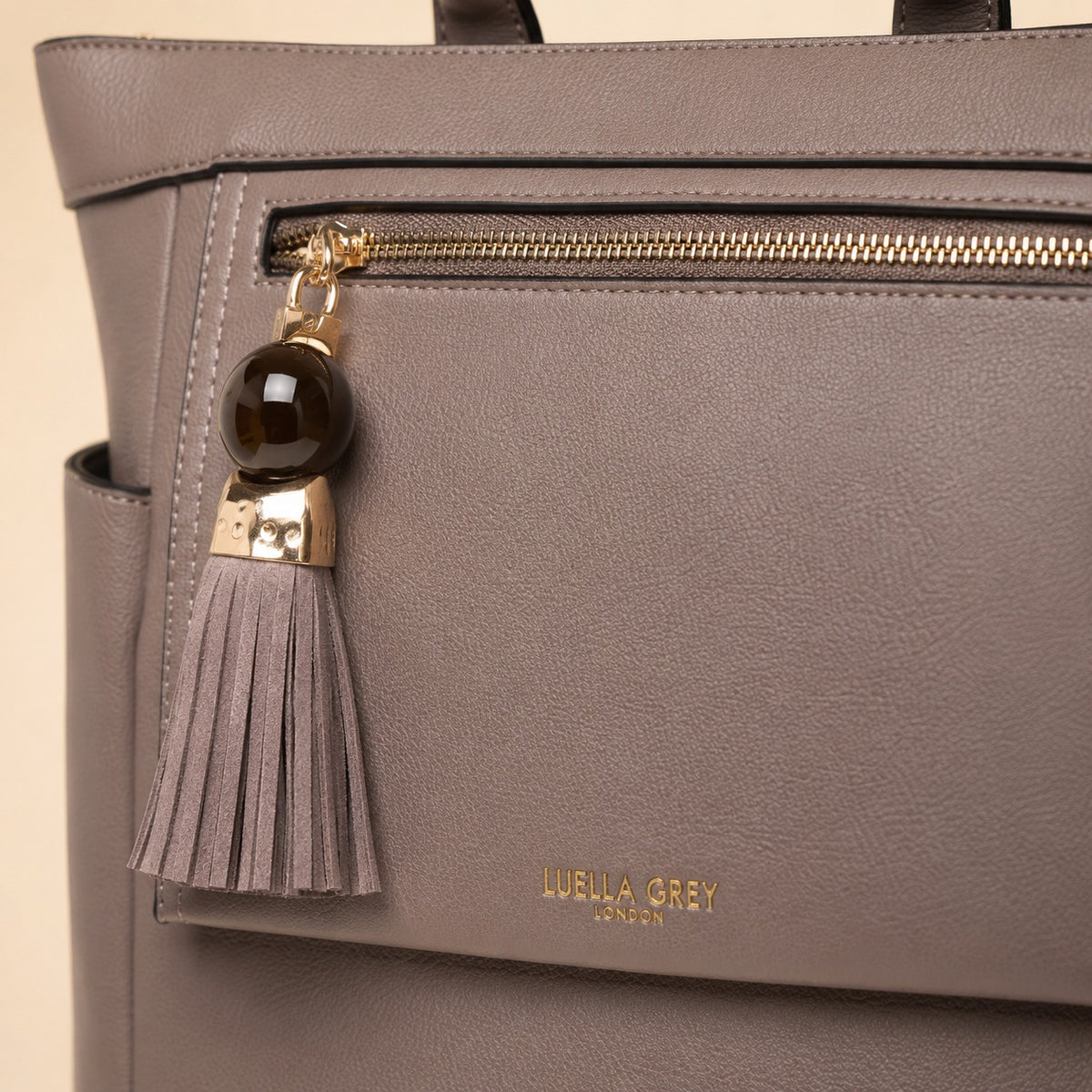 Luella Grey Taupe Laptop Backpack, 15in Work Bag, Tassel Charm