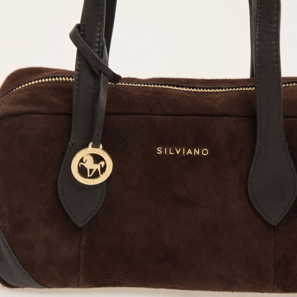 Silviano Brown Suede Shoulder Bag, Zip Top, Gold Hardware, Everyday Purse
