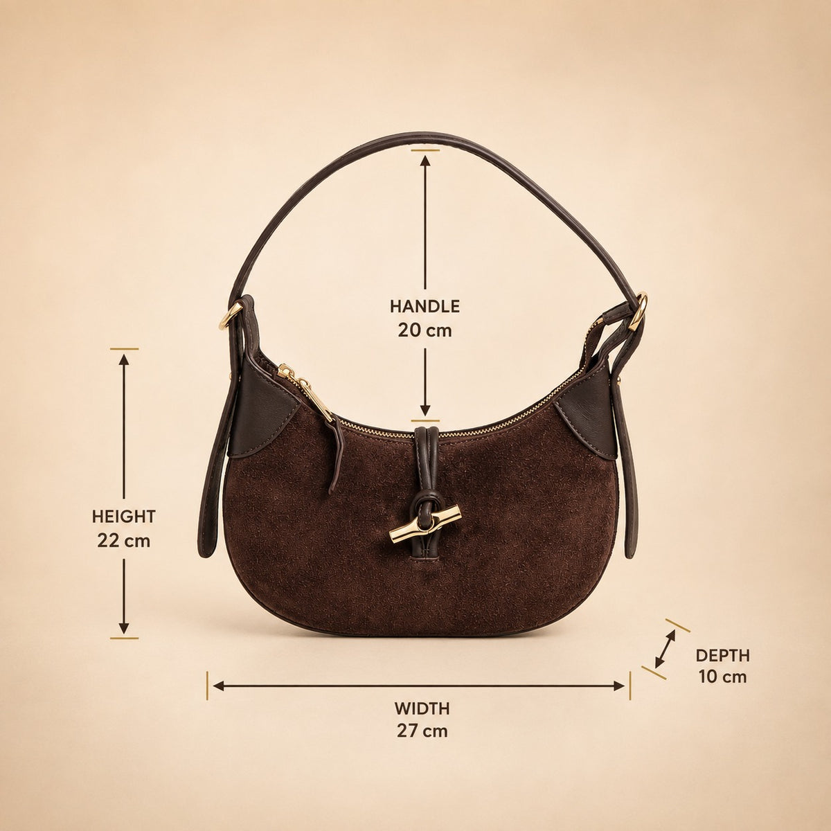 Silver Street London Brown Hobo Bag, Suede Shoulder Bag, Gold Hardware