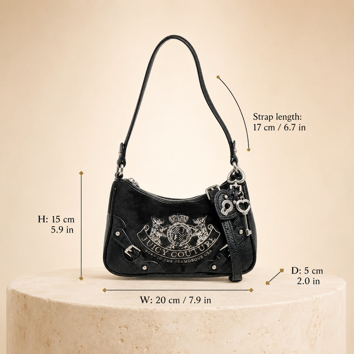 Juicy Couture Black Shoulder Bag, Crest Emblem, Silver Hardware, Aesthetic