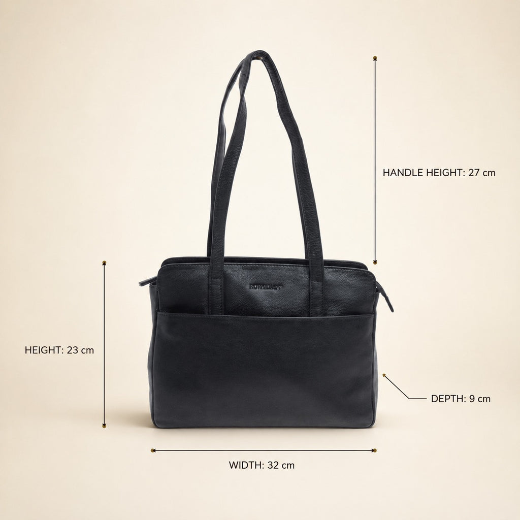 Rowallan Black Leather Handbag, Everyday Shoulder Bag, Work Tote, Minimalist