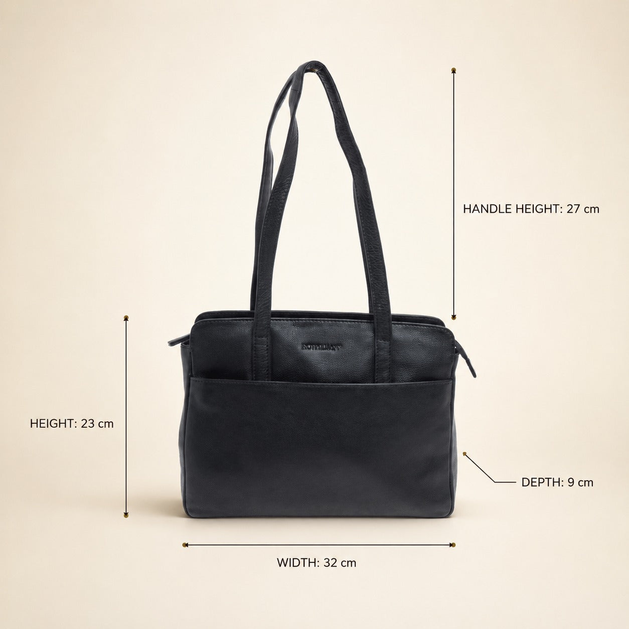 Rowallan Black Leather Handbag, Everyday Shoulder Bag, Work Tote, Minimalist