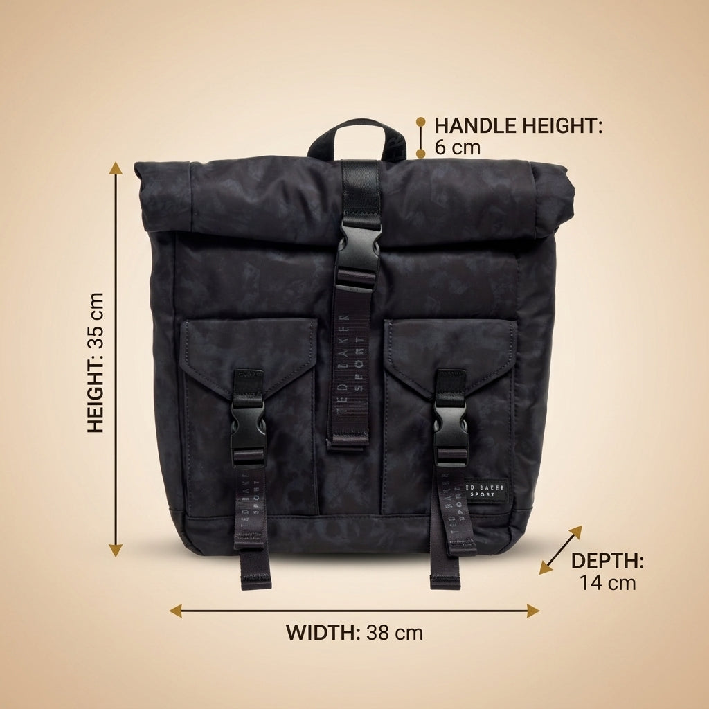 Ted Baker Sport Black Letica Backpack, Roll-Top Buckle Bag