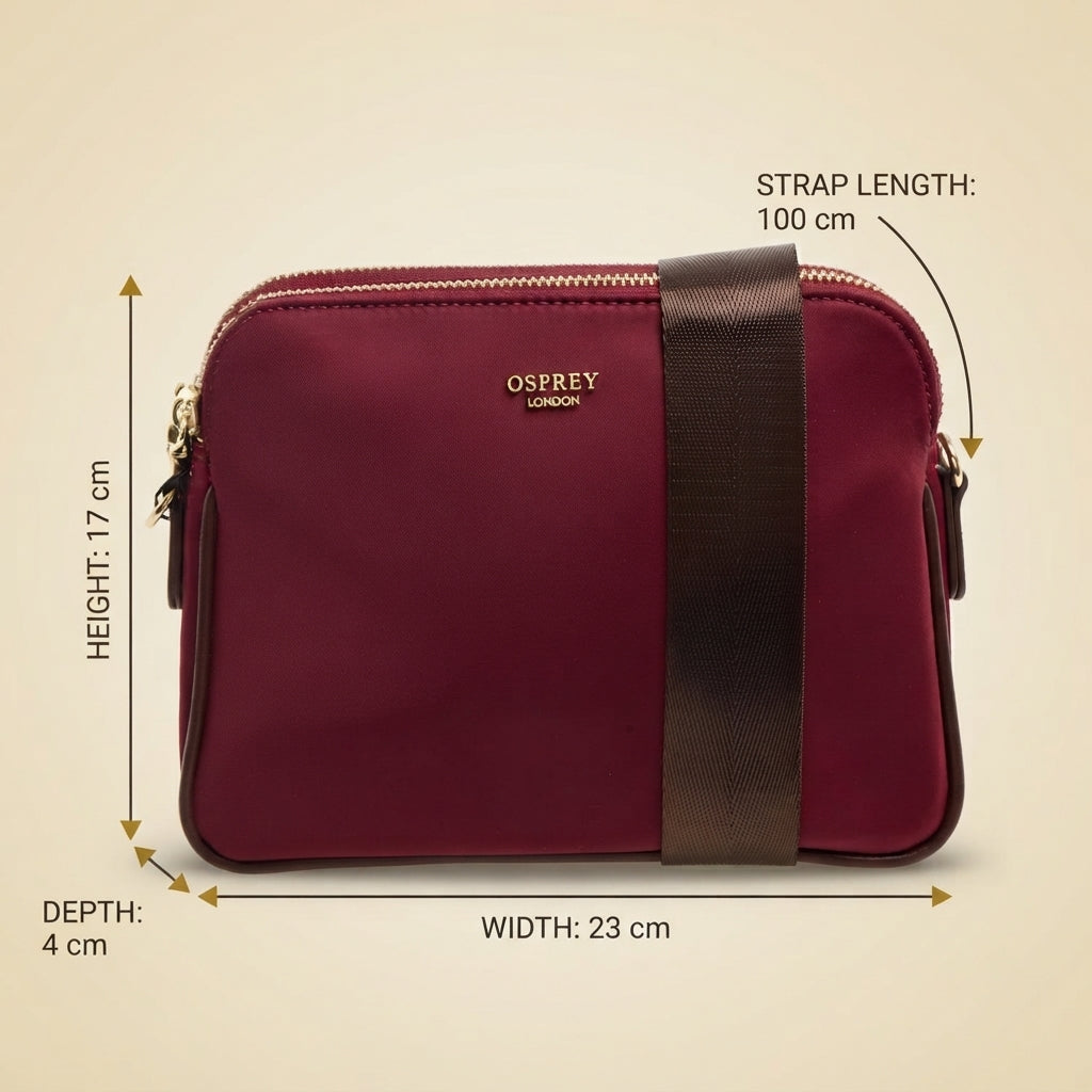 Osprey London Burgundy Nomad Bag, Nylon Crossbody, Gold Hardware