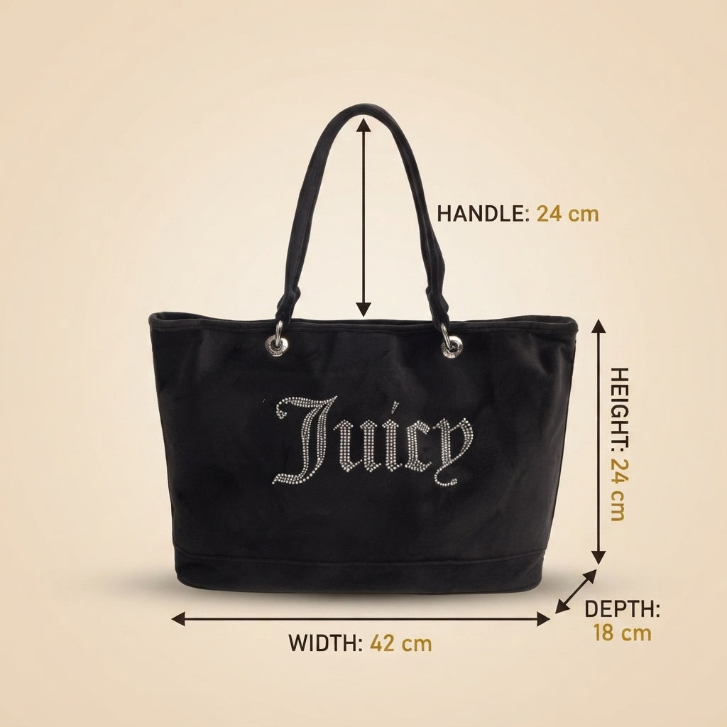Juicy Couture Black Velour Tote Bag, Rhinestone Script Logo, Everyday Shopper