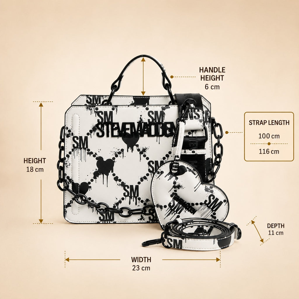 Steve Madden White Black Cross Body Bag, Drippy Heart, Statement Logo, Gift