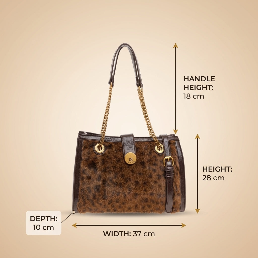 Bessie London Brown Leopard Tote Bag, Faux Fur Animal Print, Gold Hardware