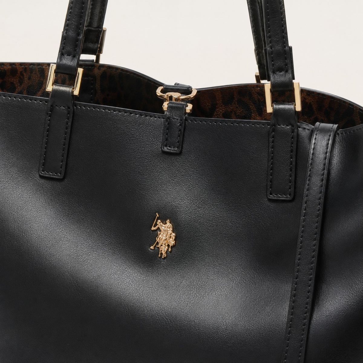 US Polo Assn Black Tote Bag, Reversible Leopard Print, Shoulder Handbag Gift