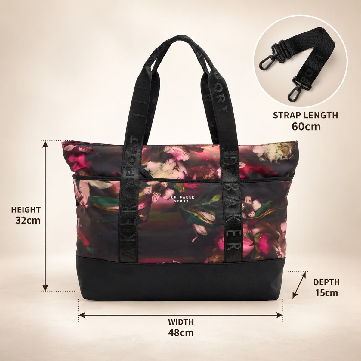 Ted Baker Sport Floral Tote Bag, Black Pink Flower Print, Large Shoulder Bag