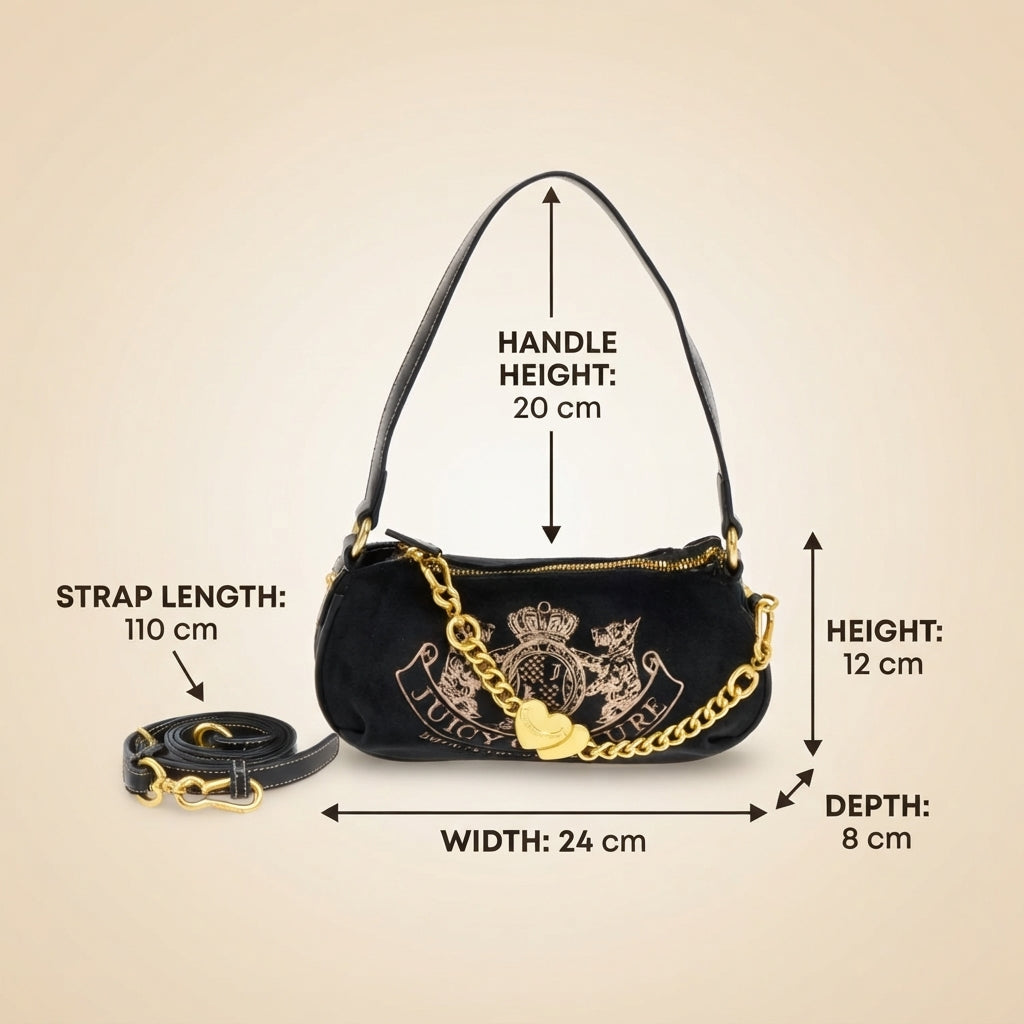 Juicy Couture Black Hobo Bag, Velvet Crossbody, Gold Heart Charm, Aesthetic