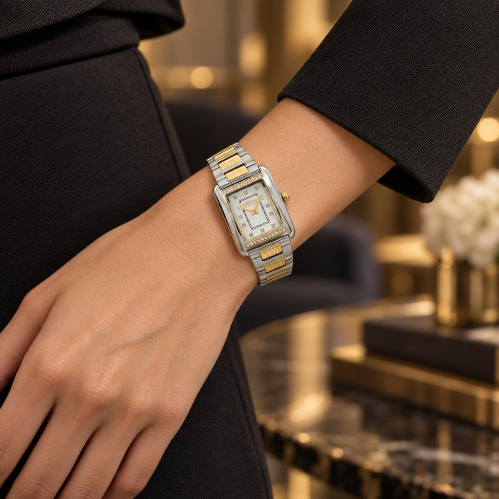 Roberto Cavalli Silver & Gold Watch, Two Tone Rectangular Crystal Gift for Her