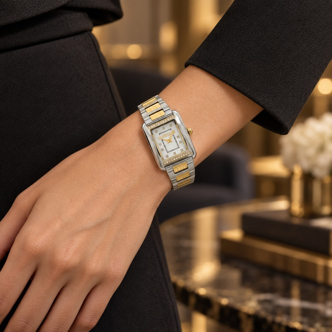 Roberto Cavalli Silver & Gold Watch, Two Tone Rectangular Crystal Gift for Her