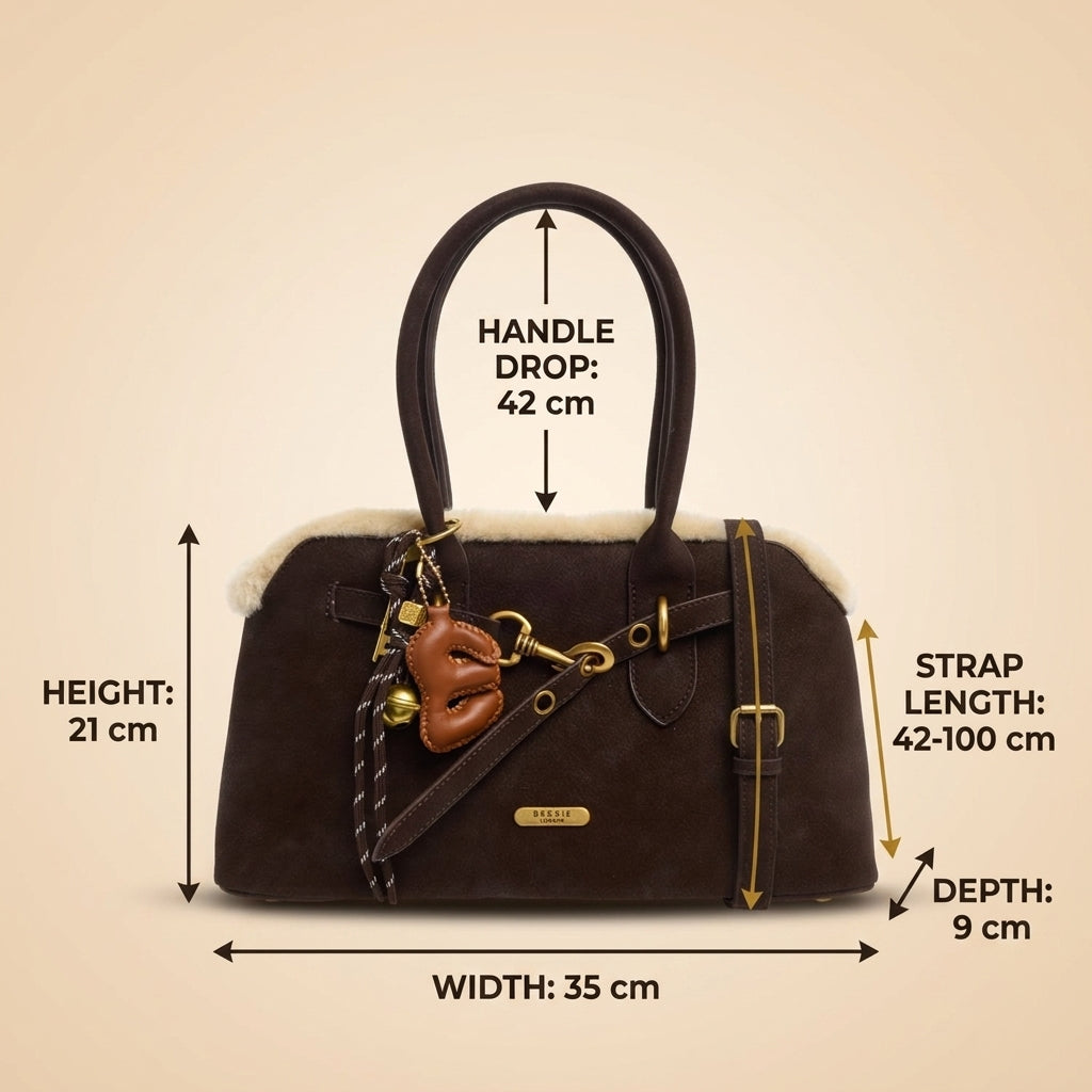 Bessie London Brown Crossbody Bag, Fleece Trim, Gold Charm, Equestrian Satchel