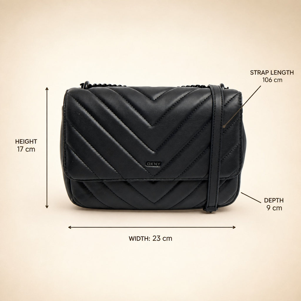 DKNY Black Veronica Chevron Crossbody Bag, Quilted Shoulder Bag, Everyday Purse
