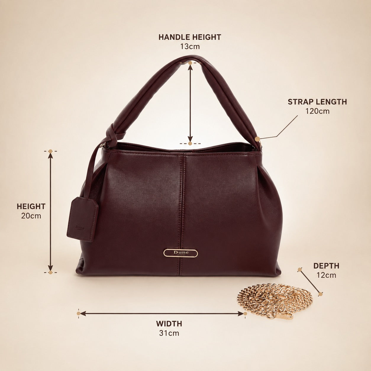 Dune London Burgundy Shoulder Bag, Dawes Style, Gold Hardware, Everyday Gift