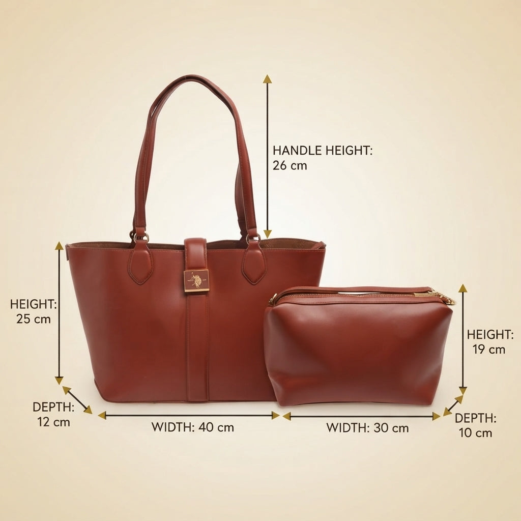 US Polo Assn Dark Orange Tote Bag, Matching Pouch, Everyday Work Handbag