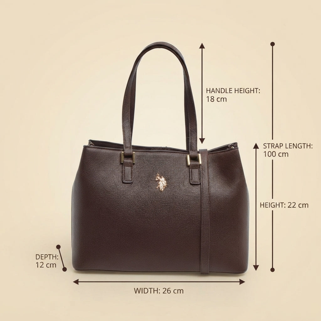 US Polo Assn Dark Brown Jones Tote Bag, Structured Everyday Work Handbag