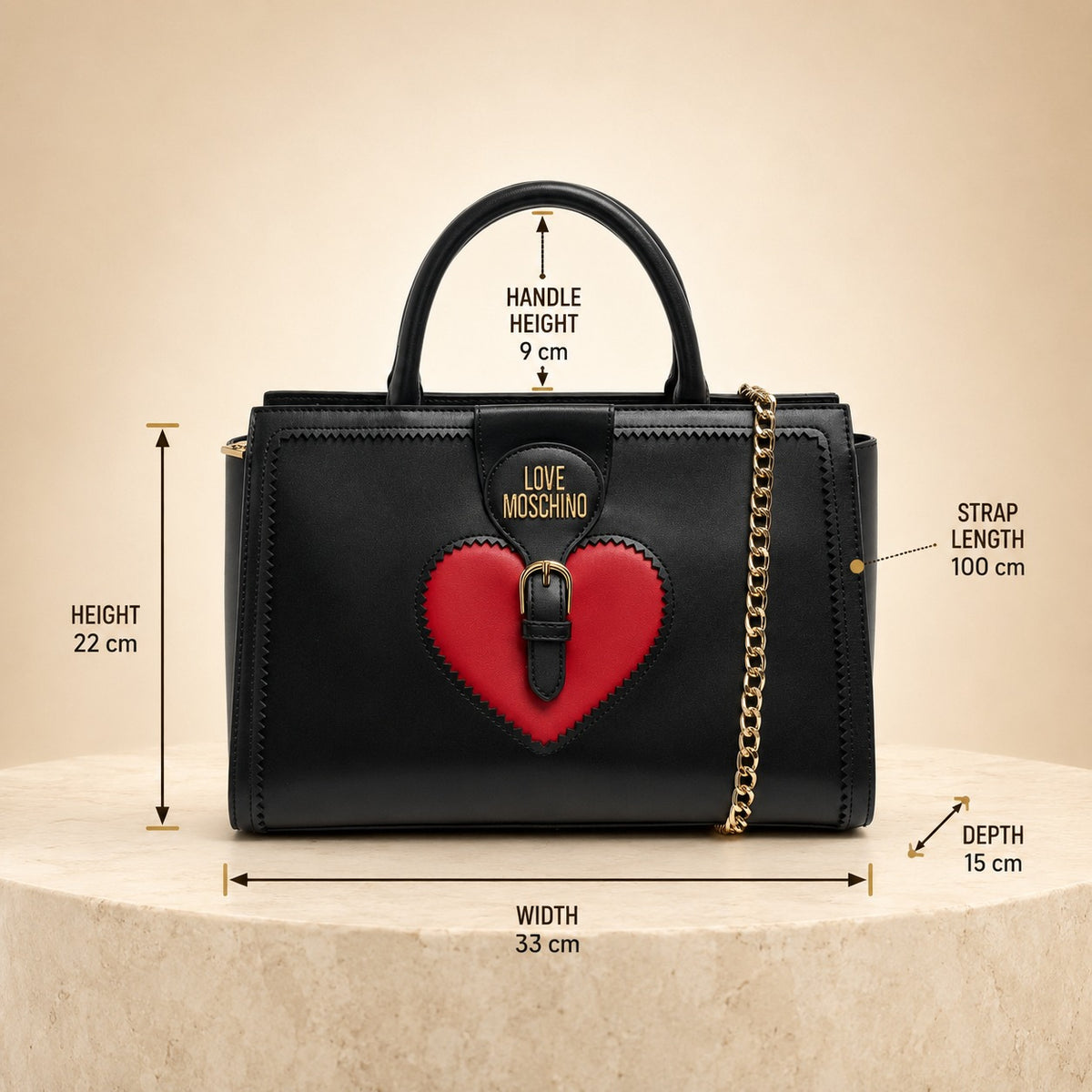 Love Moschino Black Satchel Bag, Red Heart Applique, Gold Hardware, Gift For Her