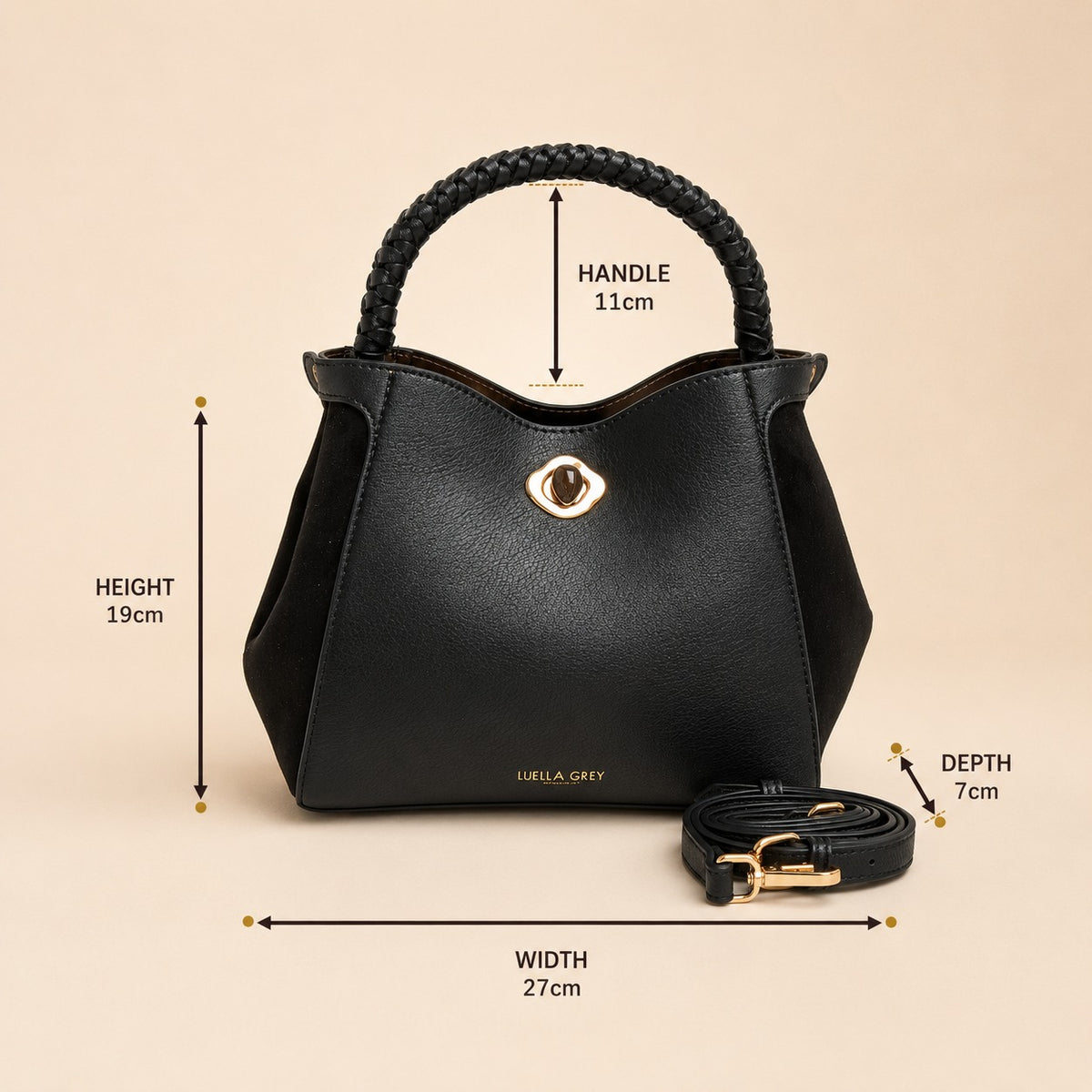 Luella Grey Black Bucket Bag, Gold Hardware, Everyday Work Handbag, Chic Gift