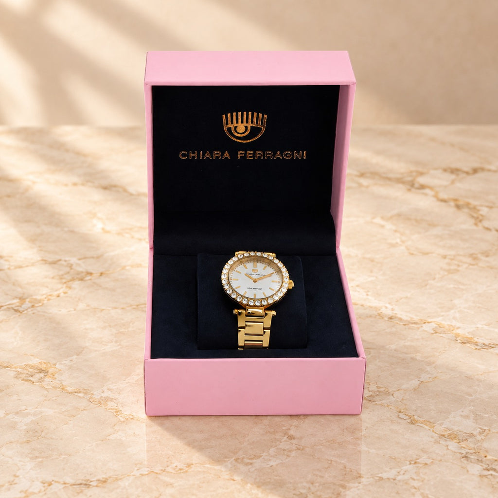Chiara Ferragni Gold Watch, Crystal Bezel Analogue, Womens Designer Link