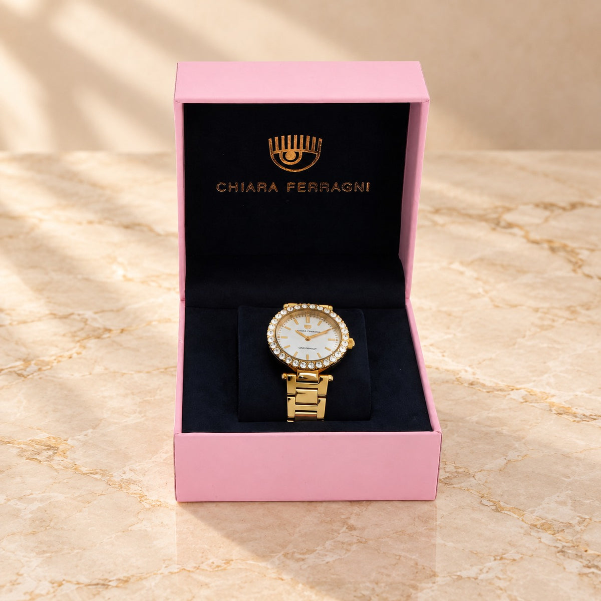 Chiara Ferragni Gold Watch, Crystal Bezel Analogue, Womens Designer Link