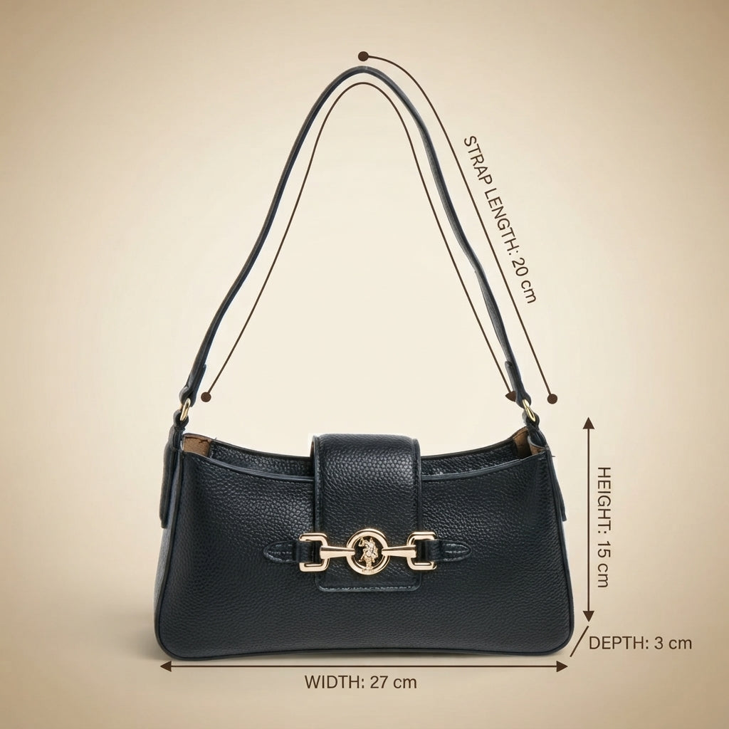 US Polo Assn Black Shoulder Bag, Gold Horsebit Hardware, Chic Everyday Tote