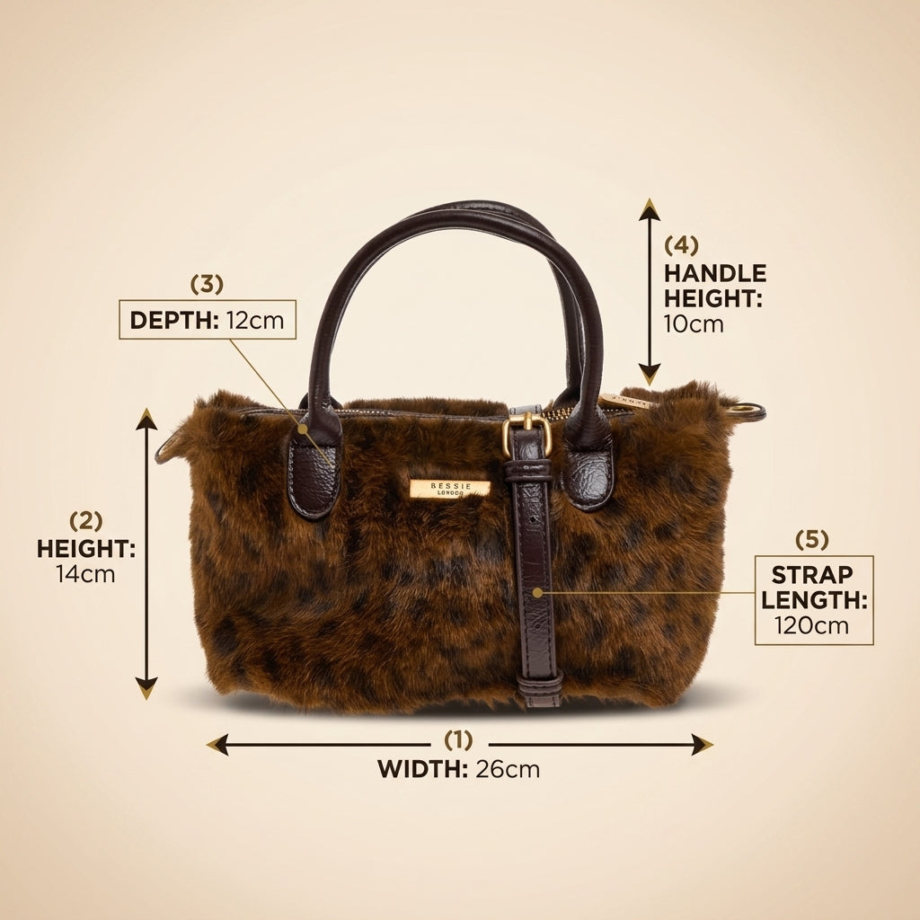 Bessie London Brown Dalmatian Faux Fur Grab Bag, Fluffy Animal Print Handbag