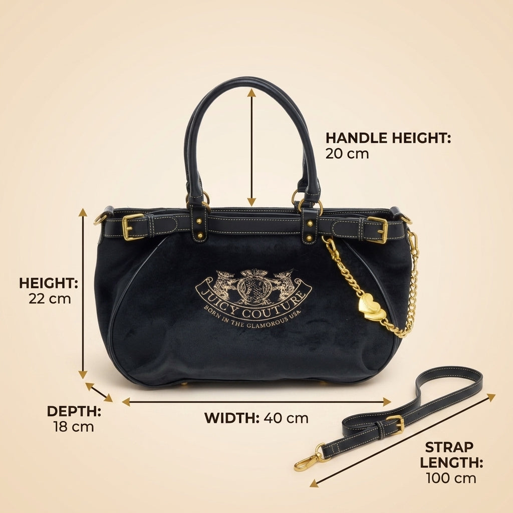 Juicy Couture Black Velour Shoulder Bag, Gold Heart Charm, Designer Handbag