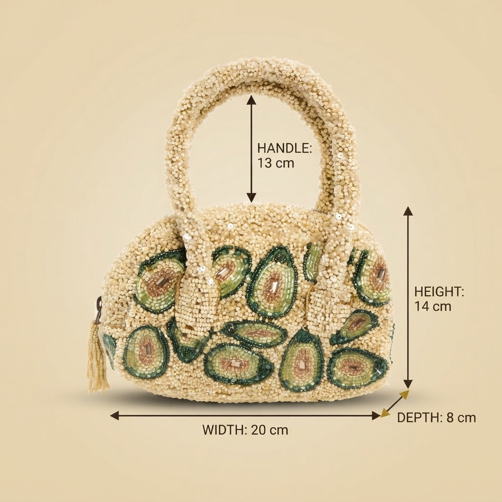 Mirasol Beige Beaded Bag, Avocado Motif Handbag, Cute Novelty Purse Gift