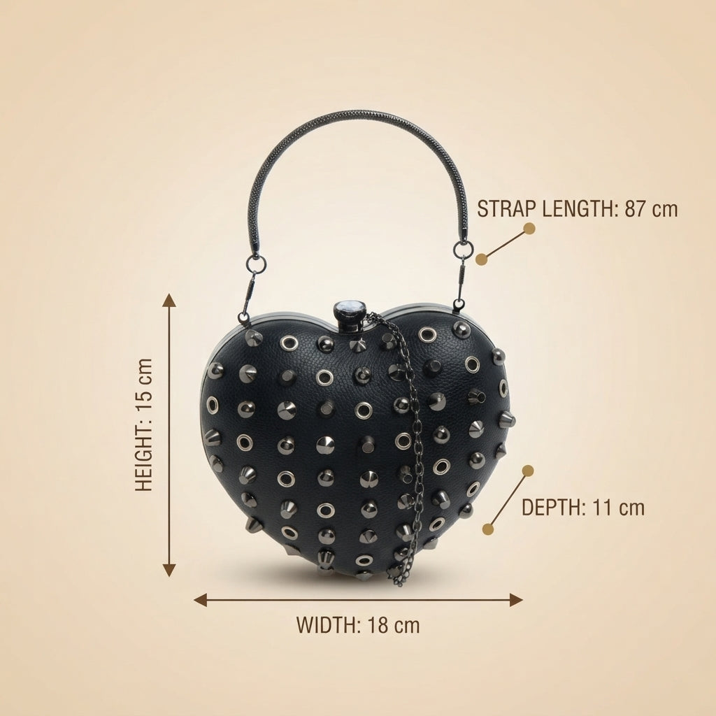 Bessie London Black Heart Grab Bag, Studded Hard-Shell Clutch, Gothic Gift