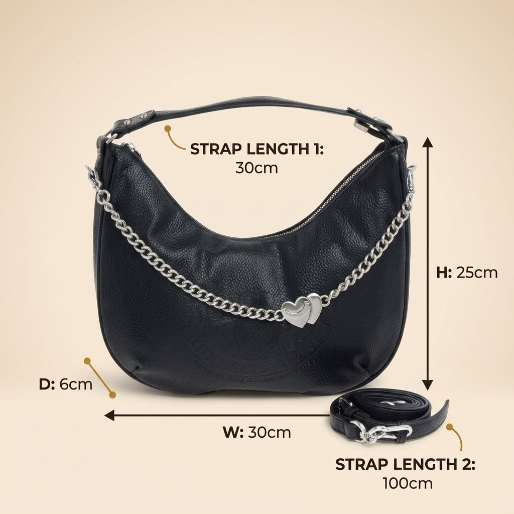 Juicy Couture Black Hobo Bag, Pebbled Leather Look, Silver Heart Charm