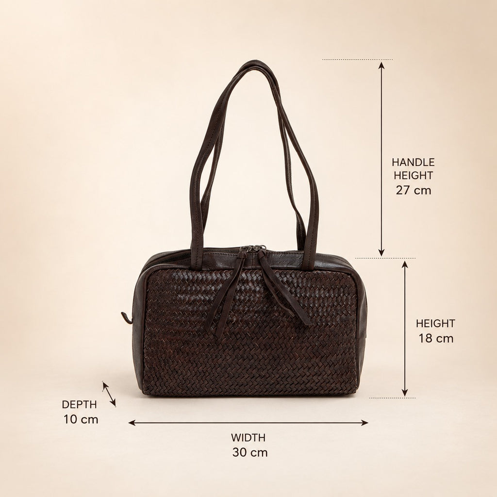 Rehard Dark Brown Woven Leather Bowling Bag, Top Zip Shoulder Handbag Gift