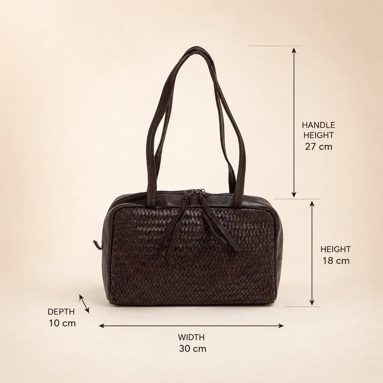 Rehard Dark Brown Woven Leather Bowling Bag, Top Zip Shoulder Handbag Gift