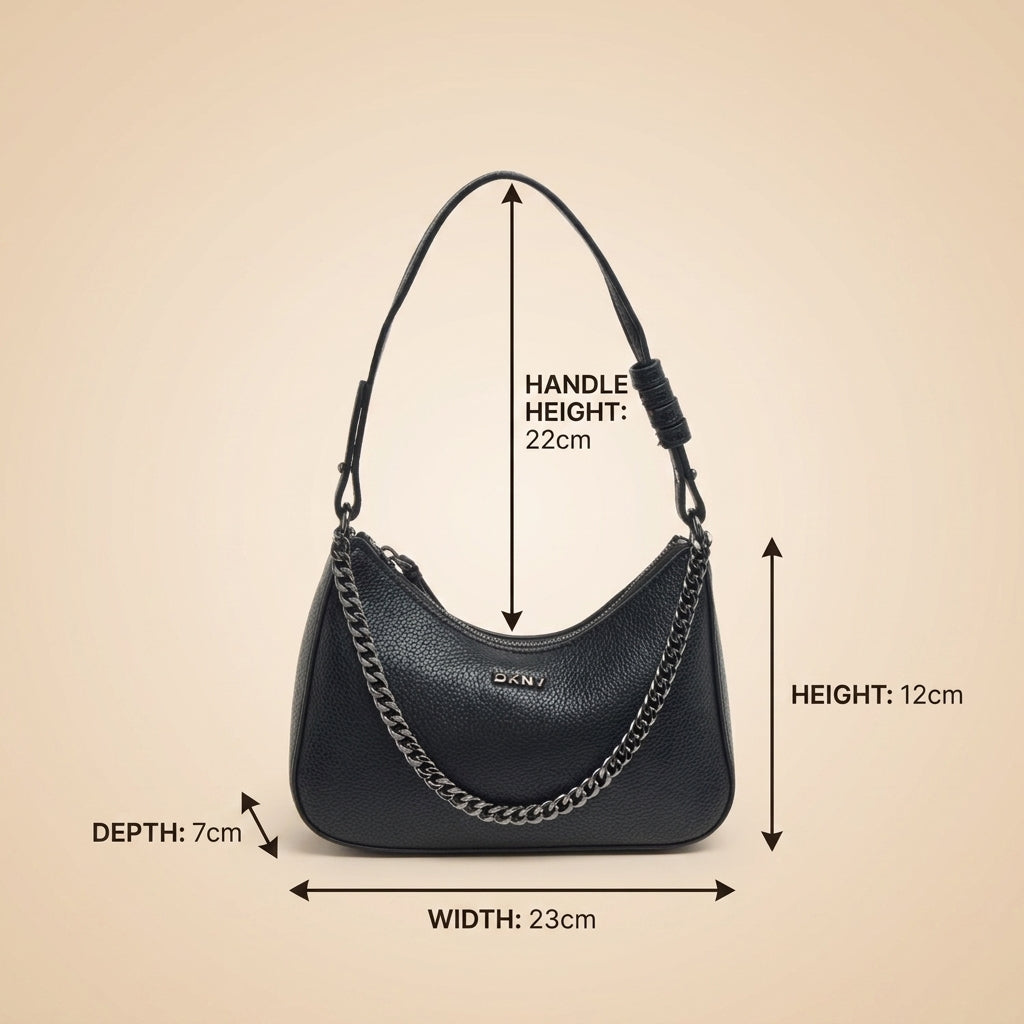 DKNY Black Crescent Shoulder Bag, Pebbled Faux Leather, Gunmetal Chain