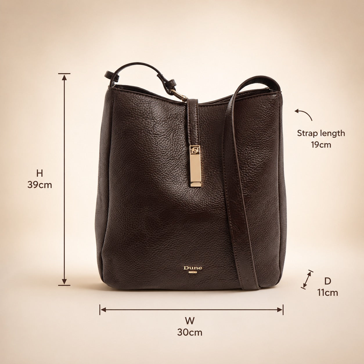 Dune London Brown Shoulder Bag, Grained Leather, Gold Hardware, Work, Everyday