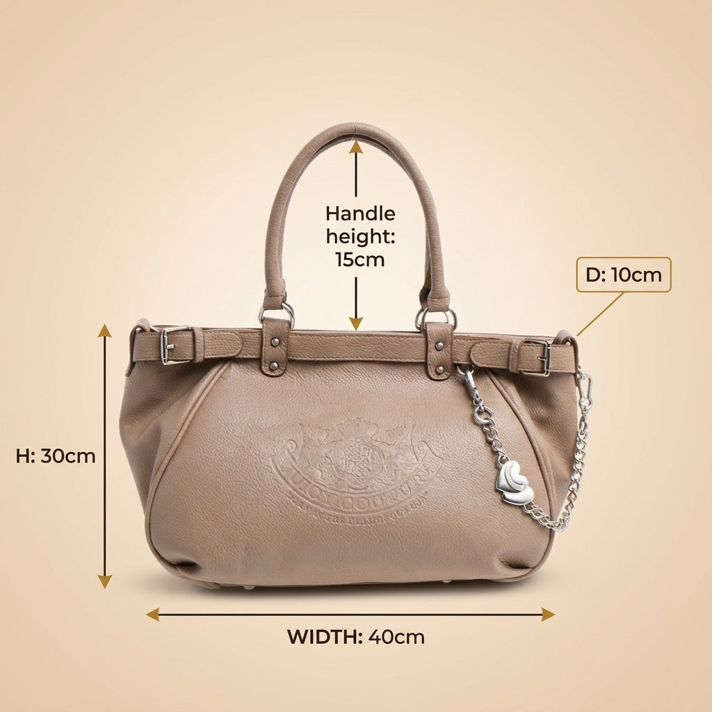 Juicy Couture Taupe Satchel Bag, Pebbled Leather Tote, Everyday Work Purse