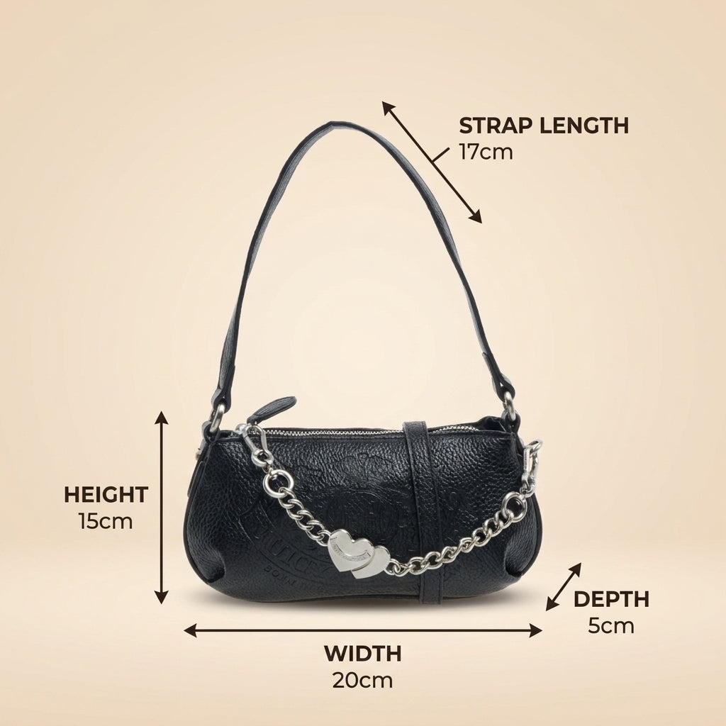 Juicy Couture Black Shoulder Bag, Pebbled Monogram Purse, Silver Heart Charm