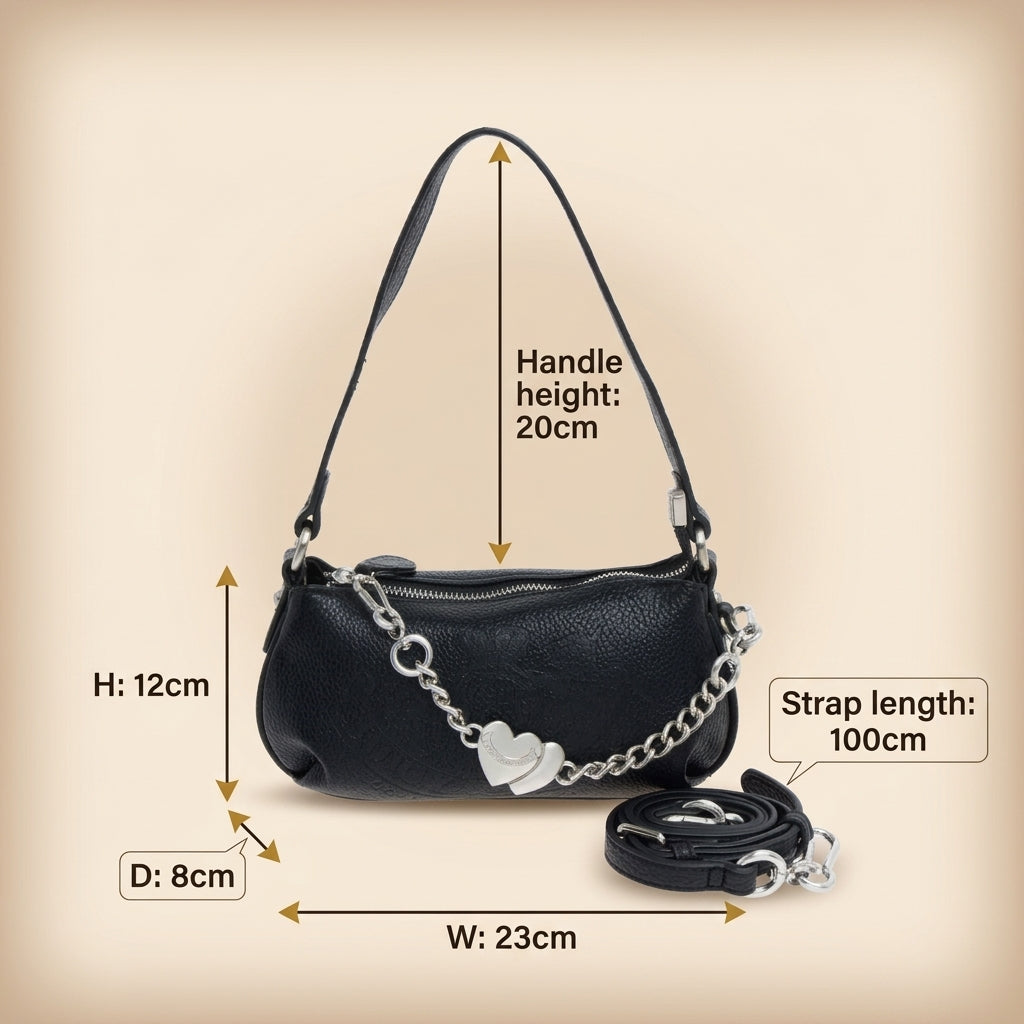 Juicy Couture Black Baguette Bag, Silver Heart Charm, Shoulder Handbag