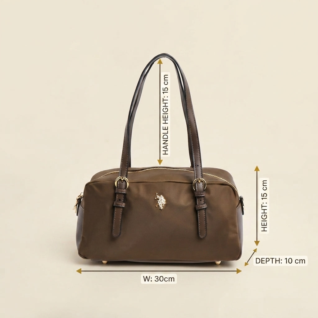 US Polo Assn Brown Satchel Bag, Nylon Shoulder Bag, Gold Hardware, Preppy