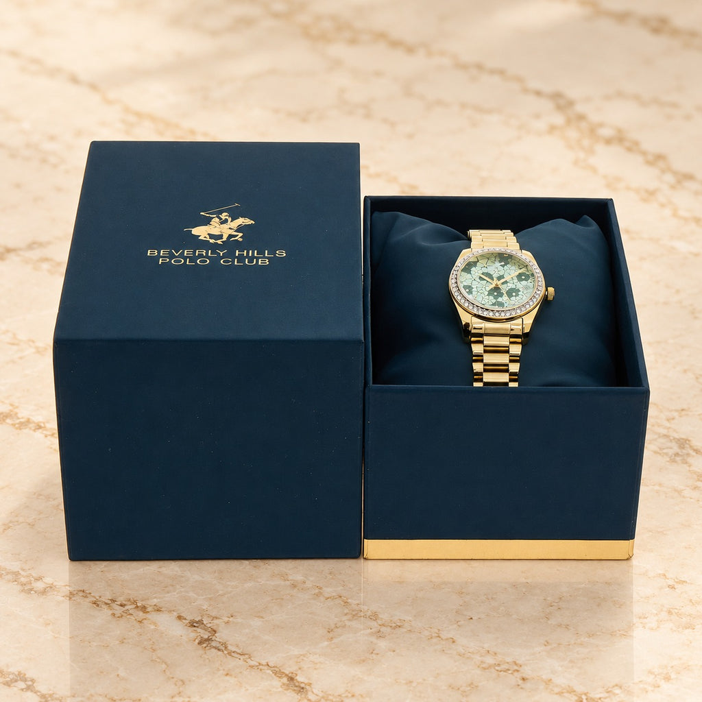 Beverly Hills Polo Club Gold Tone Watch, Green Floral Dial, Womens Gift